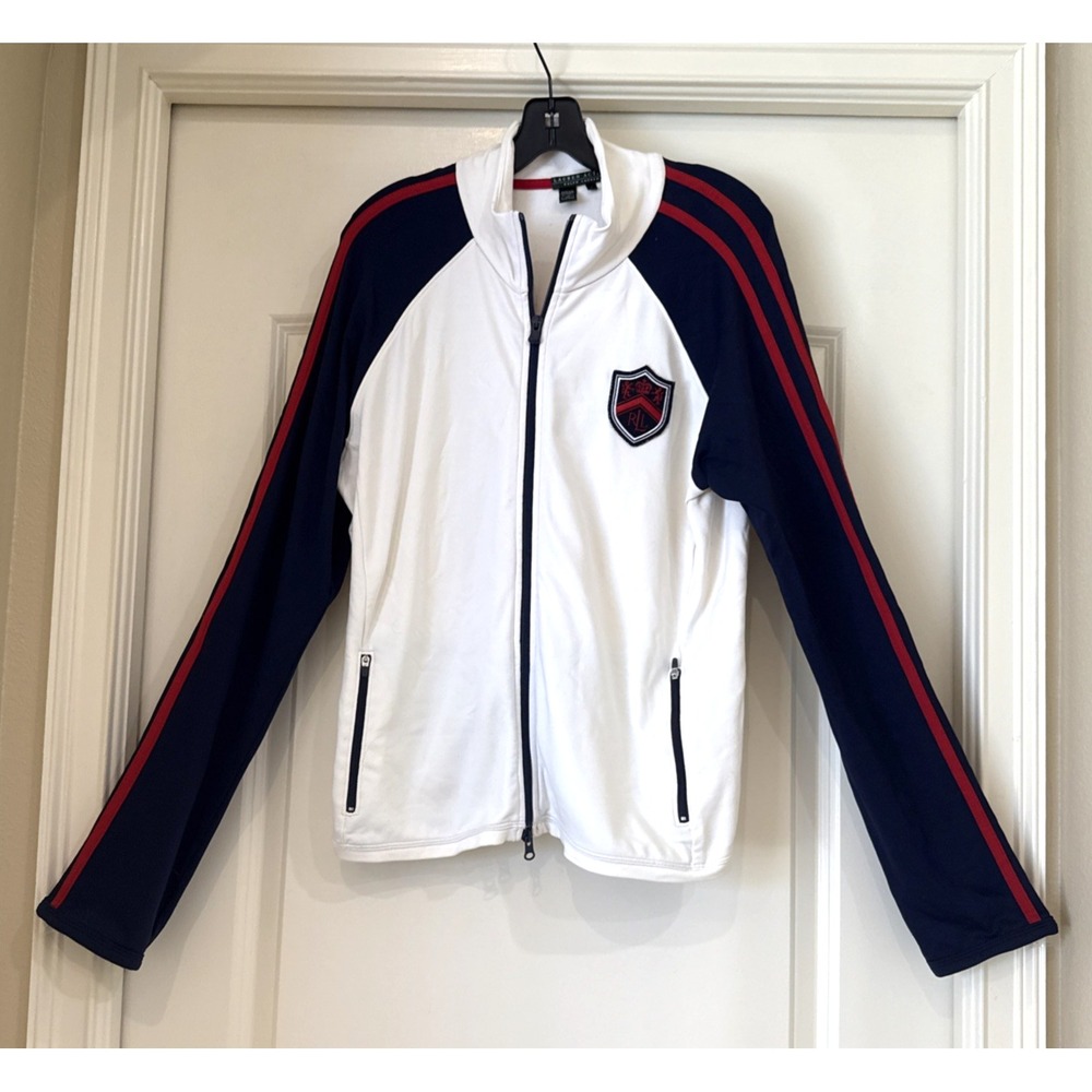 Vtg Ralph Lauren Activewear‎ White Blue Track Jacket Coat Sz L Full Zip Crest